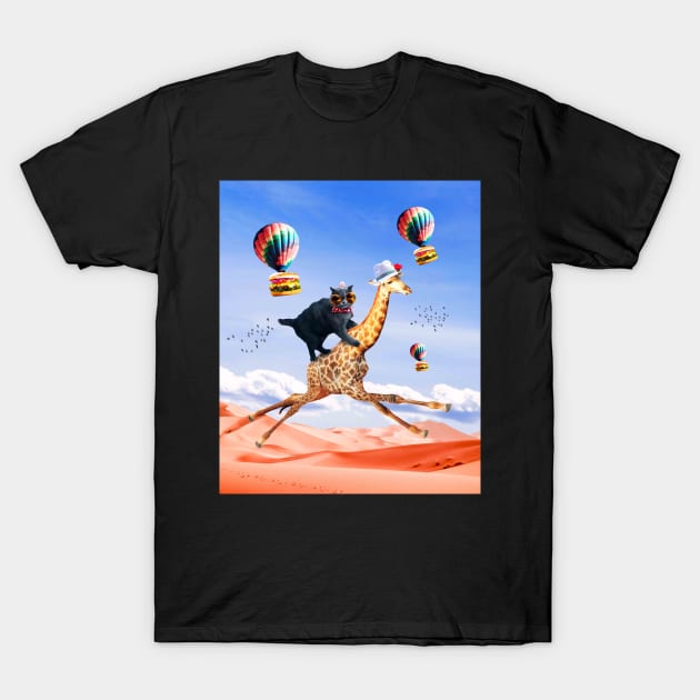 Cat Giraffe - Cat Riding Flying Giraffe with Burger T-Shirt by Random Galaxy